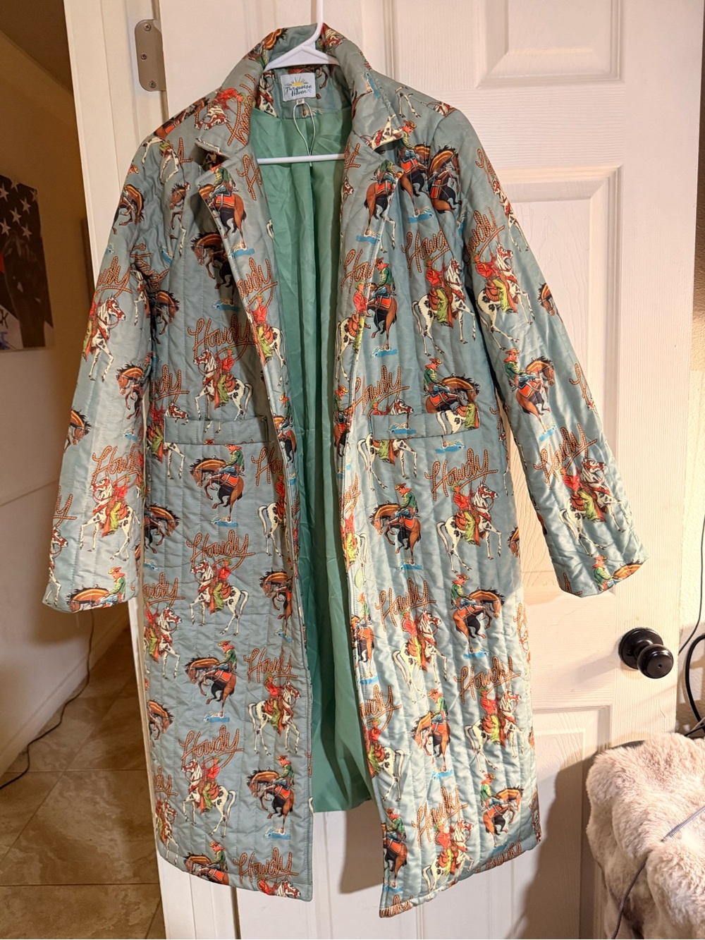 Turquoise Haven Howdy Quilted Jacket M Western Sage Teal Long Duster Coat